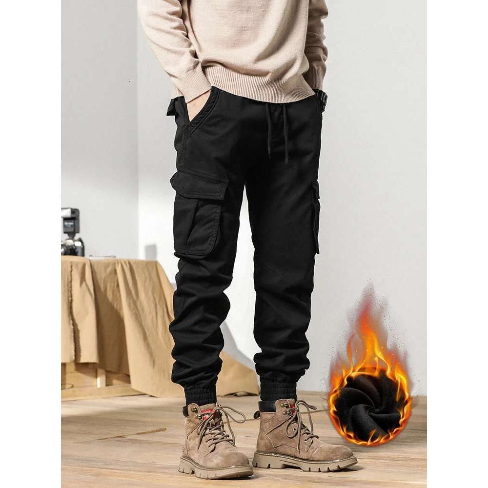 2023 New Multi-Pockets Winter Cargo Pants Men Fleece Liner Thick Warm Slim Fit Joggers Streetwear Casual Cotton Thermal Trousers