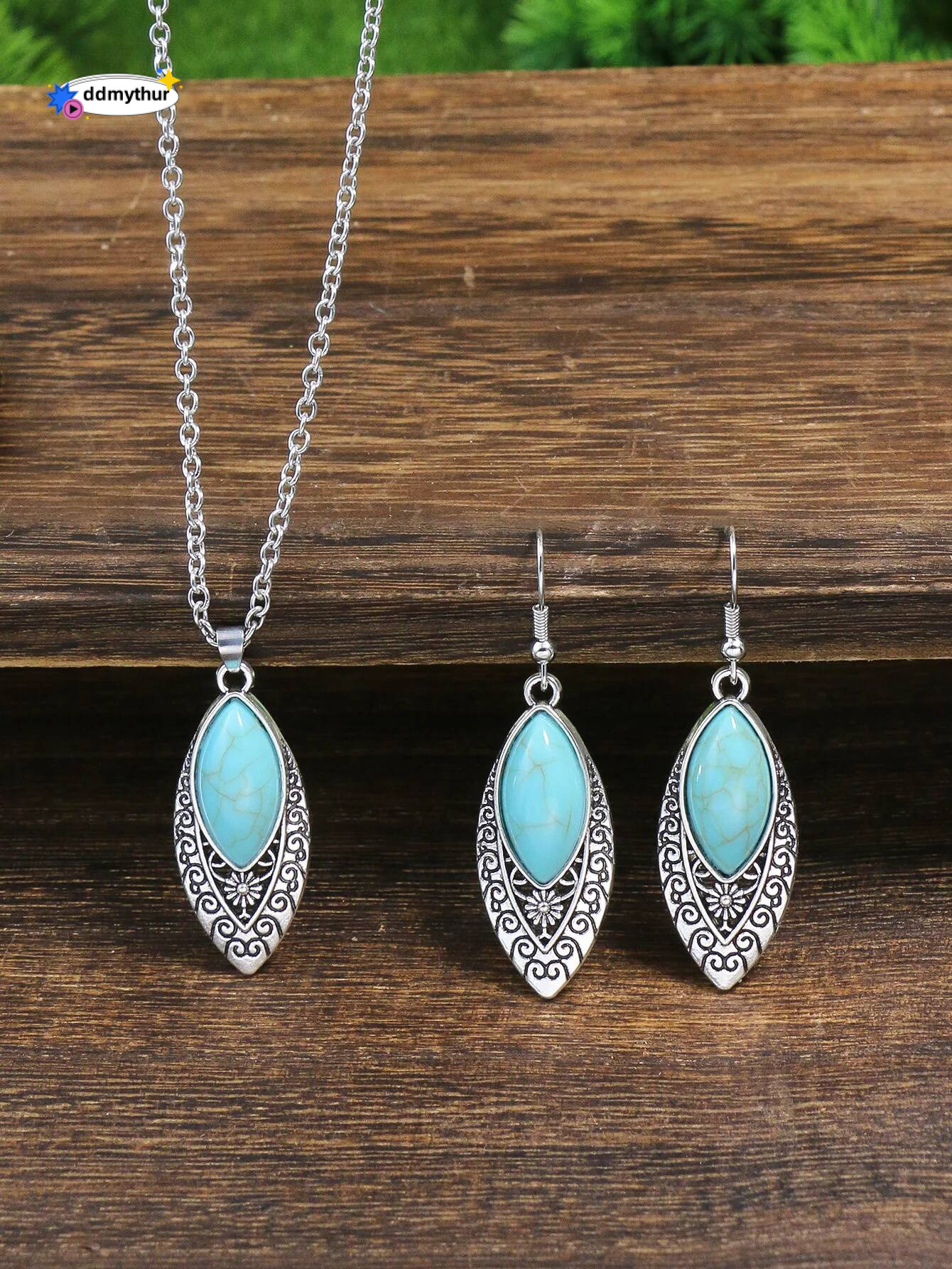 Ethnic Boho Turquoises Necklace Earring for Women Vintage Sier Plated Carved Flower Dangle Earrings Indian Jewelry Gift ddmythur