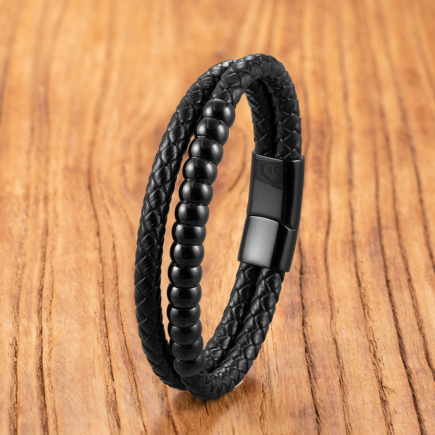 Handmade Genuine Leather Bracelet with Stainless Steel beaded doubledeck Unisex Jewelry Gift for CoupleBirthday 250512