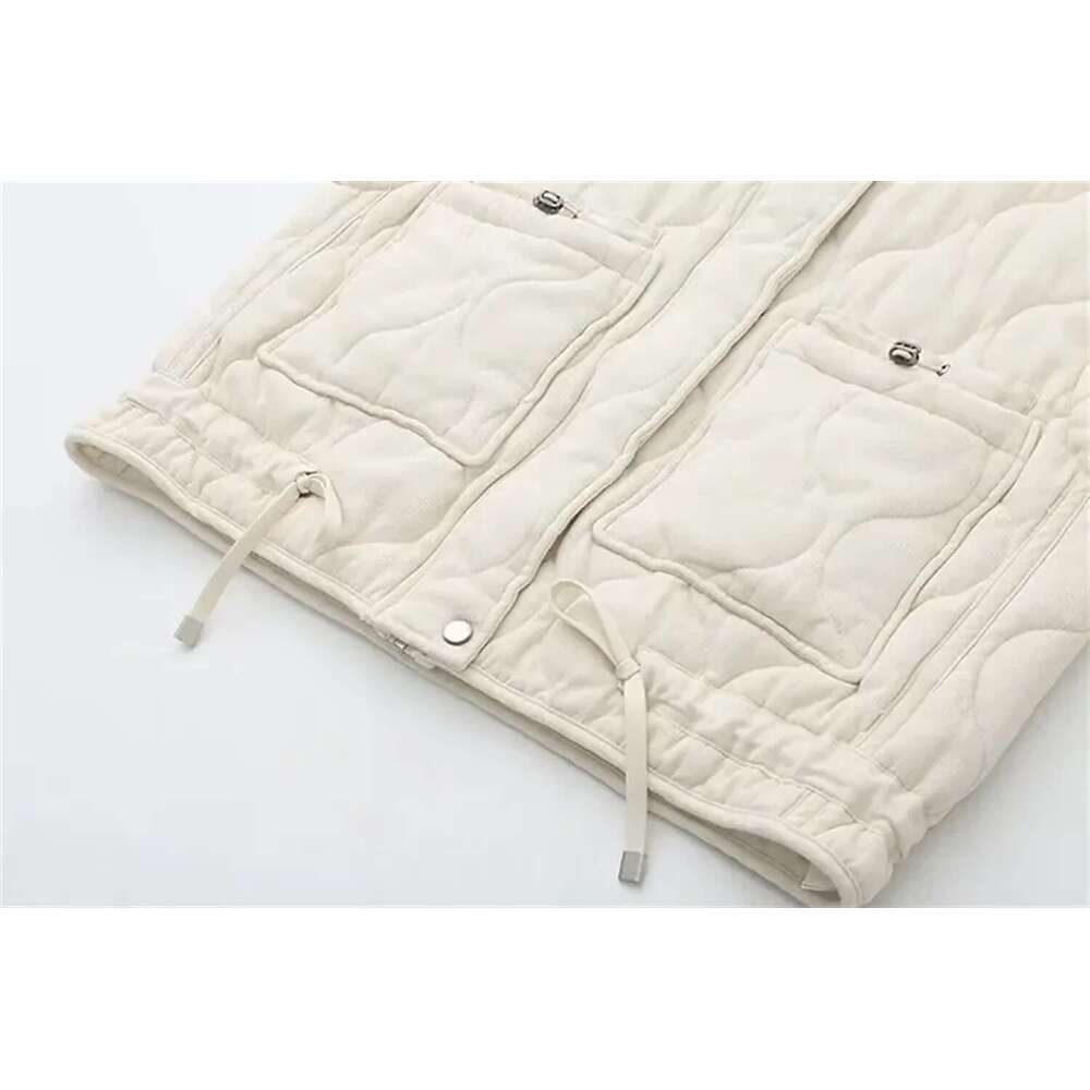 New Women's Versatile Sleeveless Stand Up Collar Pocket Decoration Cotton Vest Loose Shoulder Jacket