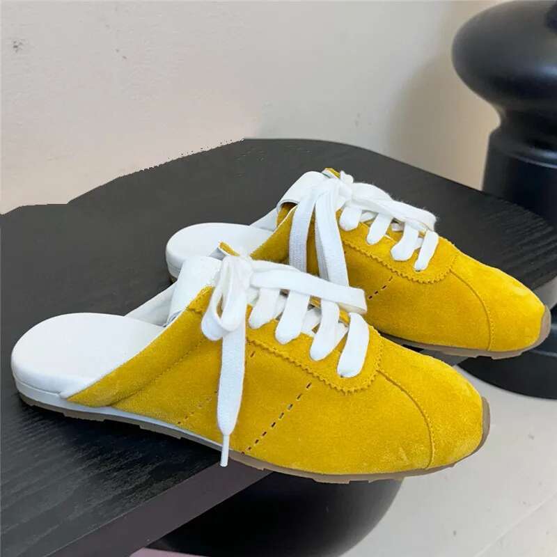 Womens Spring Autumn Slide Tennis Mule Derby Sneaker Shoes Genuine Leather Casual Comfort Flat Low Heel Closed Toe Lace Up