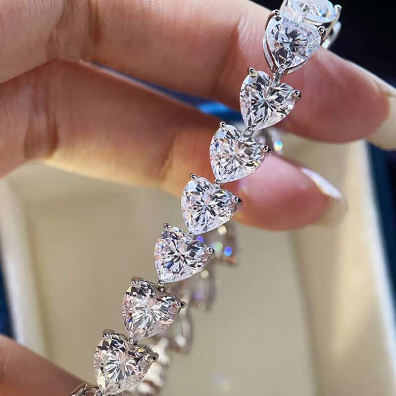 Classic Heart Moissanite Link Chain Bangle D VVS White Moissanite Tennis Bracelet 925 Sterling Silver