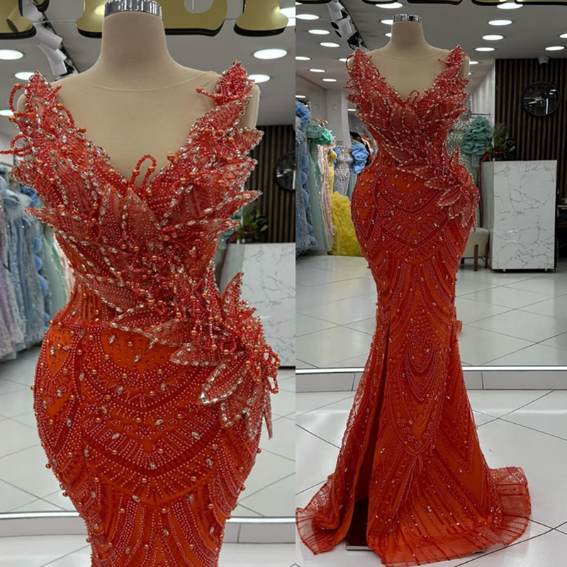 2025 Aso Ebi Orange Prom Dress Mermaid Prom Dresses Evening Formal Gowns V Neck Flora Crystals Beaded Lace Birthday Dress Second Reception Gowns AM234