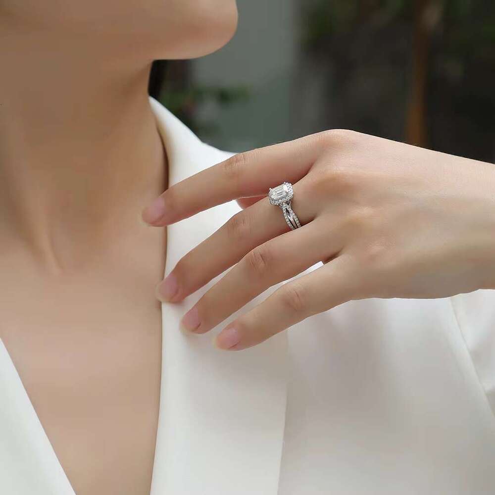 Fashionable silica emerald cut wide open handle ring - double-layer pointed set, pure silver, size 5-9, USA