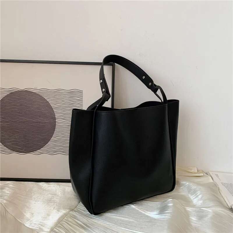 Simple Women Bucket Shoulder New Solid Color Handbags Retro Tote Large Capacity Pu Leather Bags 2024