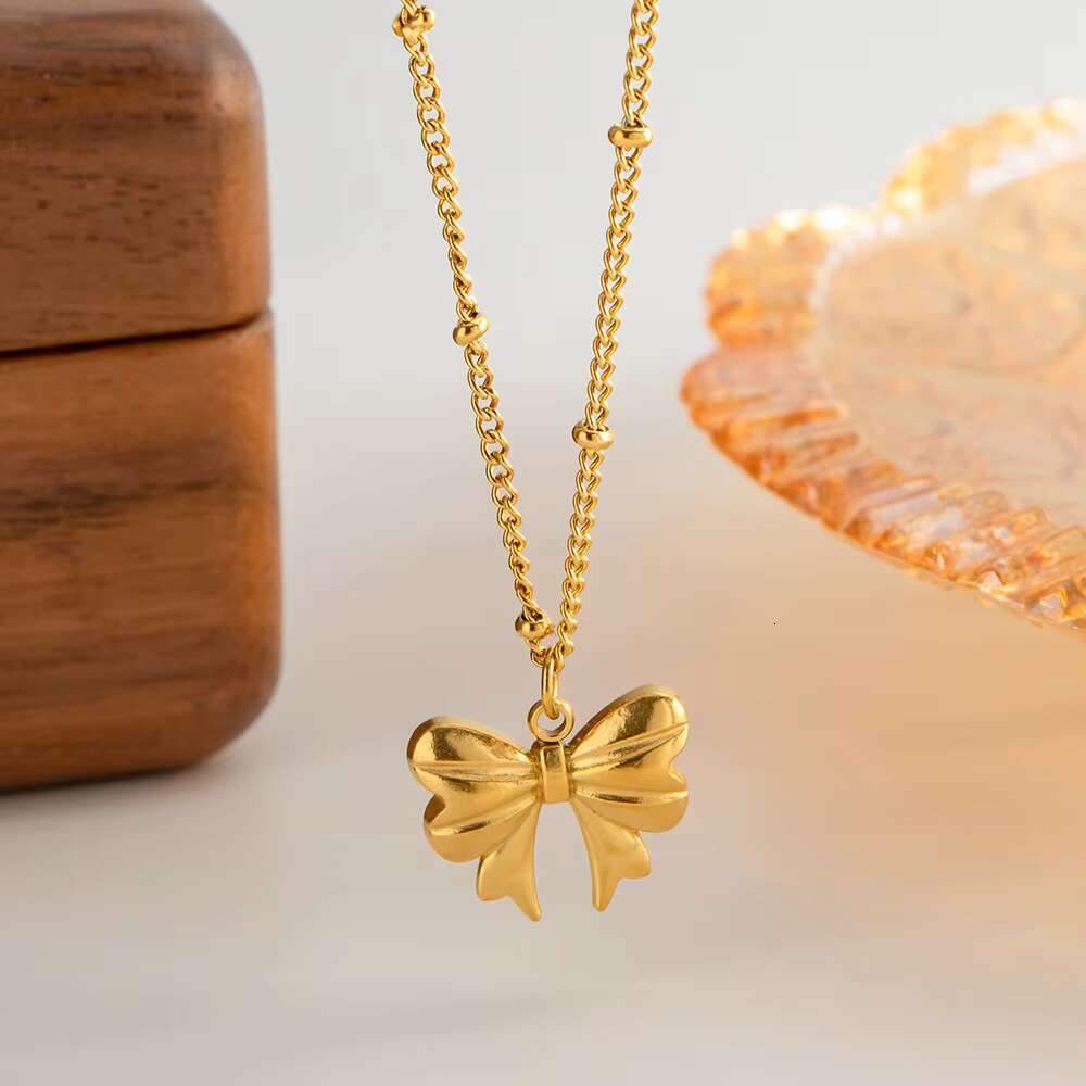 New Gold Plated Charm Stainless Steel Bow Pendant Girl's Necklace