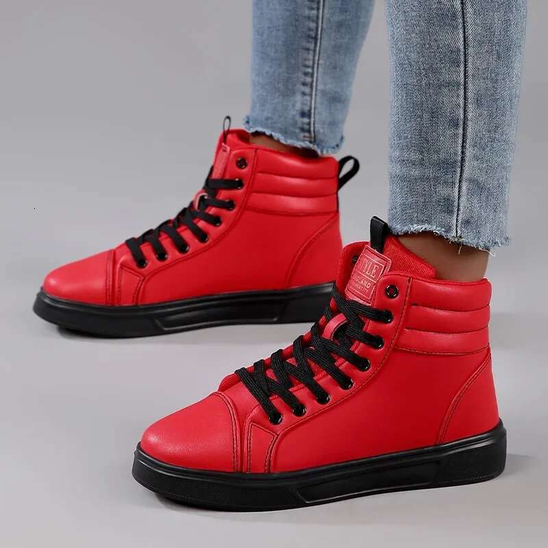 2025 Spring Fashion Red Men's High Top Skateboarding Shoes for Men Women Comfortable Unisex Leather Sneakers Size 35-46