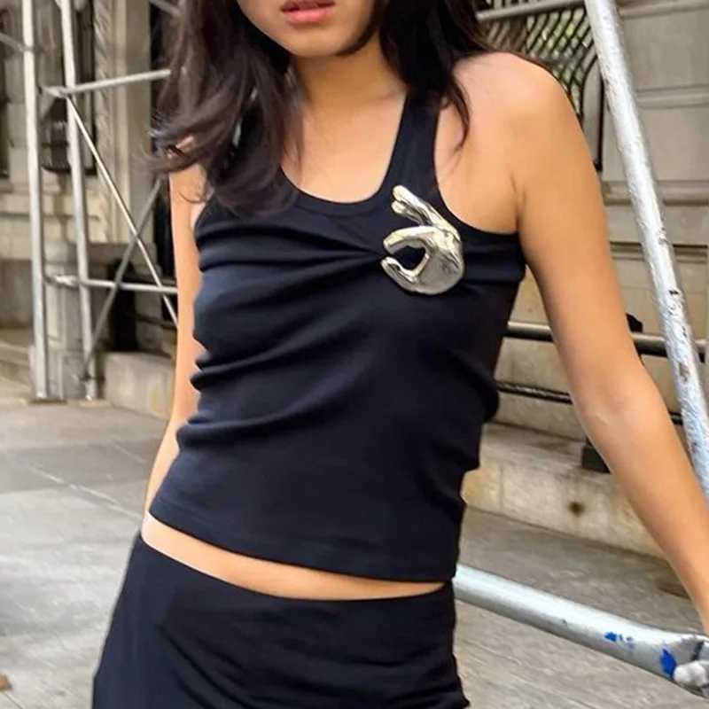 Womens Personalized Fashion Personalized Shrink Tank Top Sexy Solid Color OK Pattern Tank Top M250513
