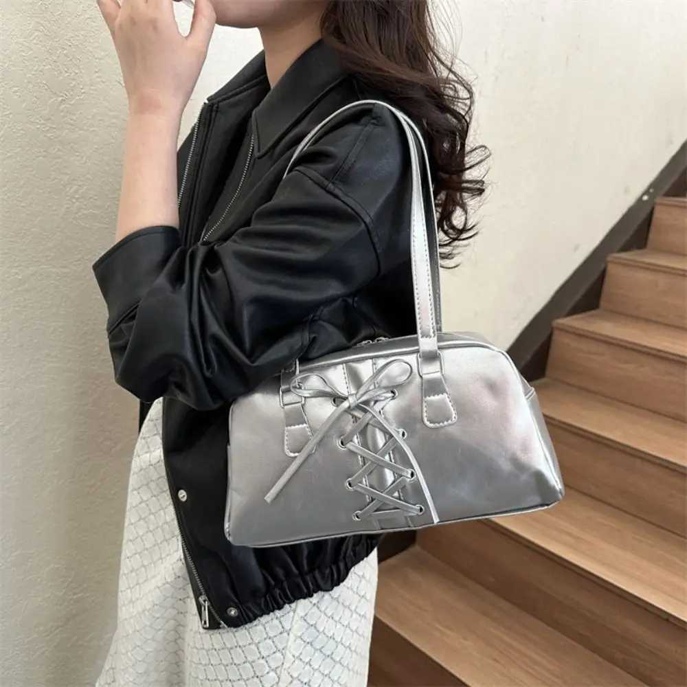 French Style Bow Ribbons Bowling Bag Elegant PU Leather Boston Shoulder Bag Large Capacity Casual Women Handbags Underarm BagW250512