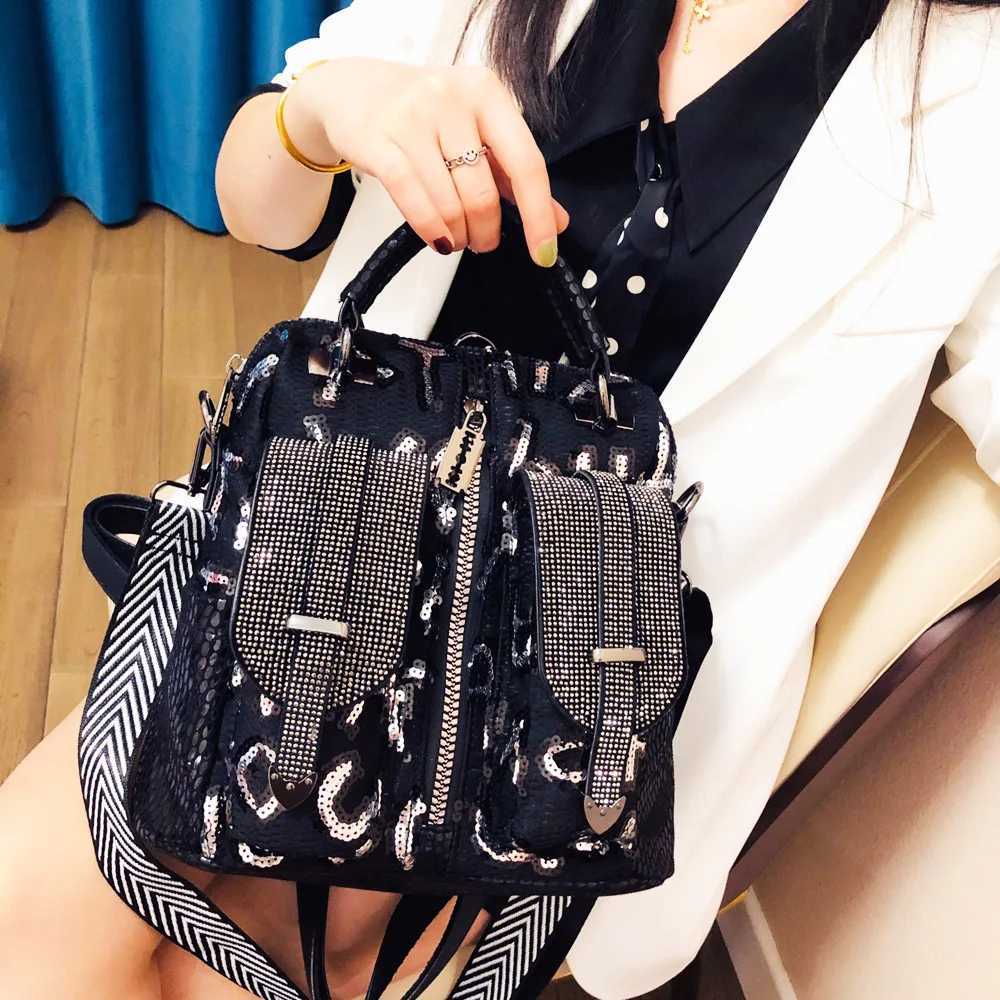 Lady Paillette Mesh Cloth Roomy Rhinestone Pockets Backpack Women Trends Convertible Big Capacity Satchel Everyday Work Daypack Z250512