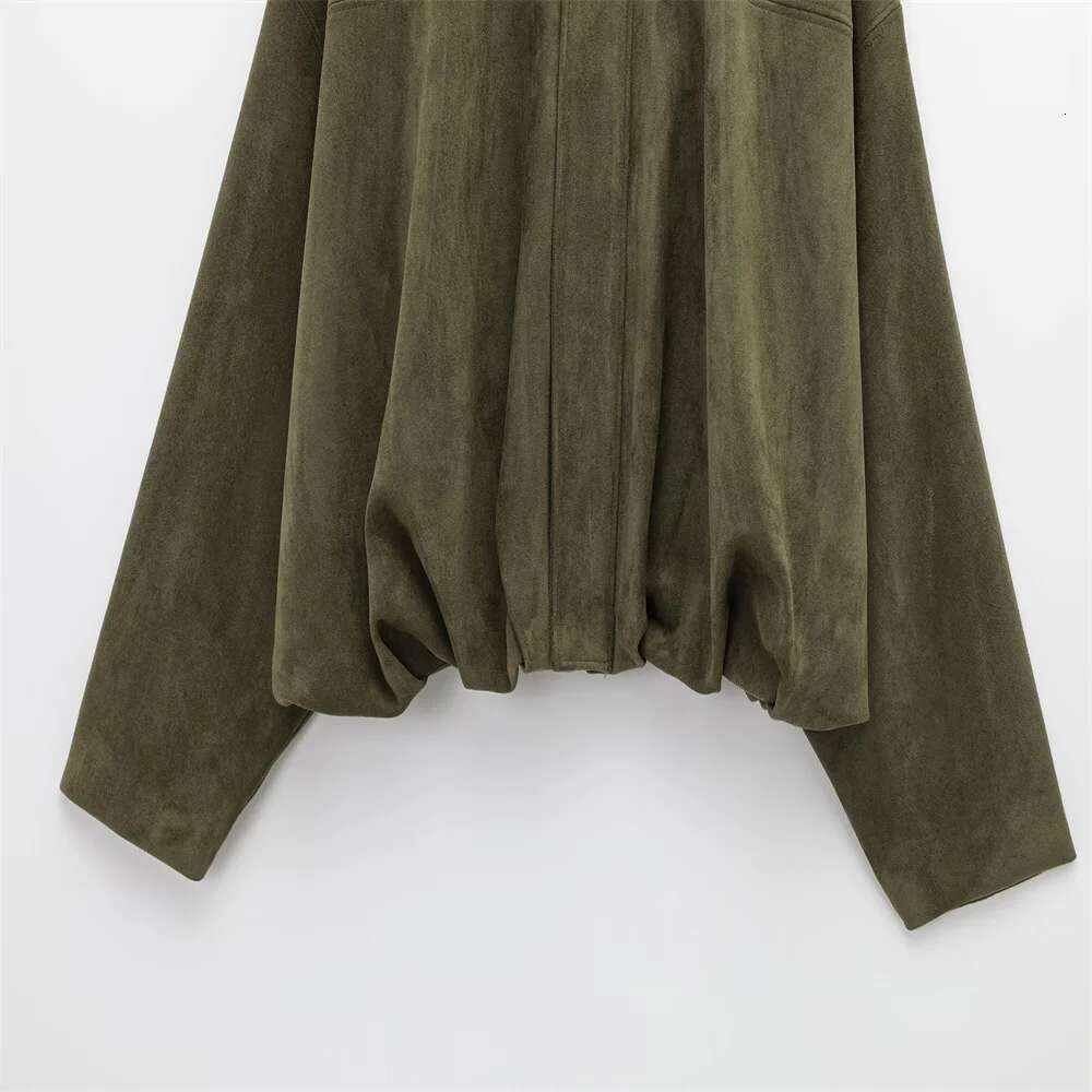 Pb&Za 2025 Women Faux Suede Collared Jacket With Shoulder Straps Loose Fit Stylish Olive Green For Sale On