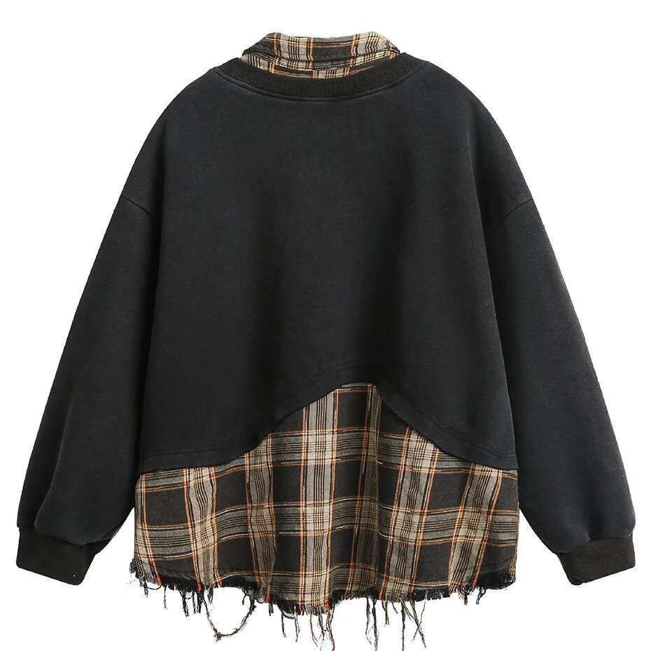 Plaid Splicing Sweatshirt Men Oversized Haruku Hip Hop Streetwear Pullover Fake Two Piece Loose Y2k Hoodie Male Designer