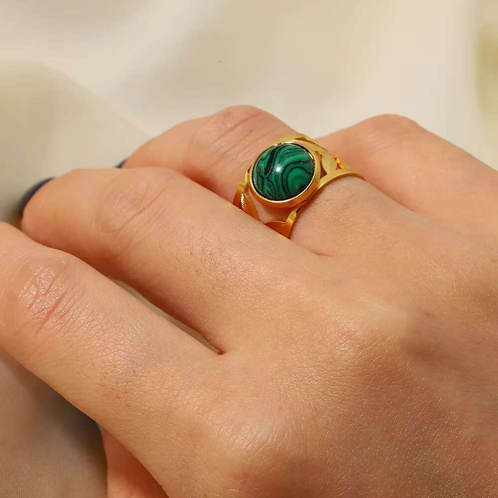 Stainless Steel Stackable Open Ring Wedding Green Gemstone Emerald Natural Stone Ring for Women
