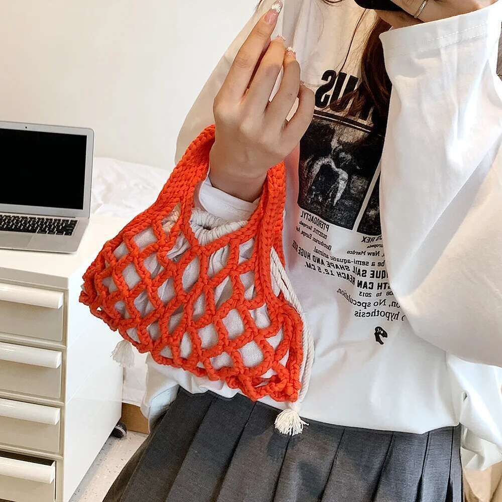 Cotton Thread Purse Handbag Fashion Knitting Braided Crochet Net Bag Personality Woven Colorful for Women Girls Casual Summer
