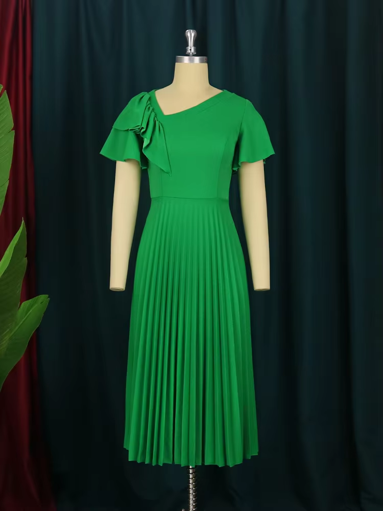 Simple Plus Size Dresses Summer Pleated A-Line Ruffle Fashion Short Sleeve Oblique Collar Young Girls Out Going Wear AM211235