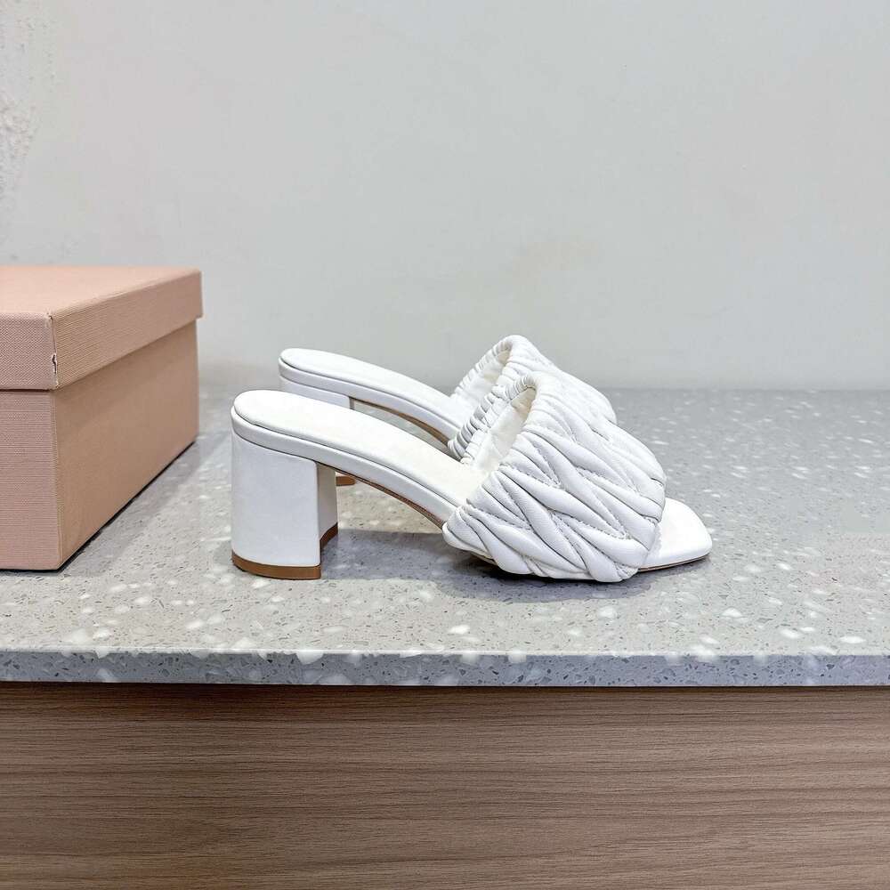 Women Size35-41 Genuine Leather Slippers High Heels Pleated Sewing Pumps Summer Slides Designer Shoes Zapatillas De Mujer