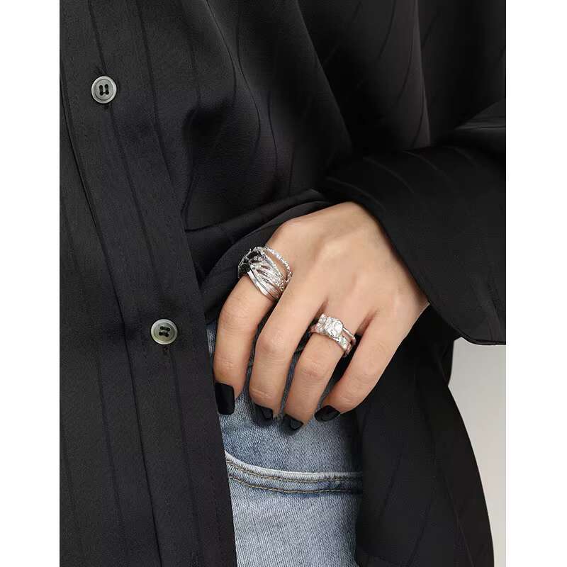 Vintage S925 Sterling Silver Multi-layer Cross Texture Finger Rings Jewelry for Women