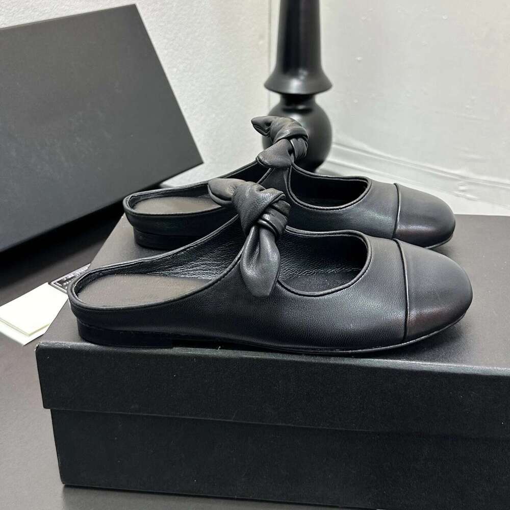 Women Size35-41 Genuine Leather Mules Low Heels Butterfly Knot Slippers Round Toe Slide Designer Shoes Zapatillas De Mujer