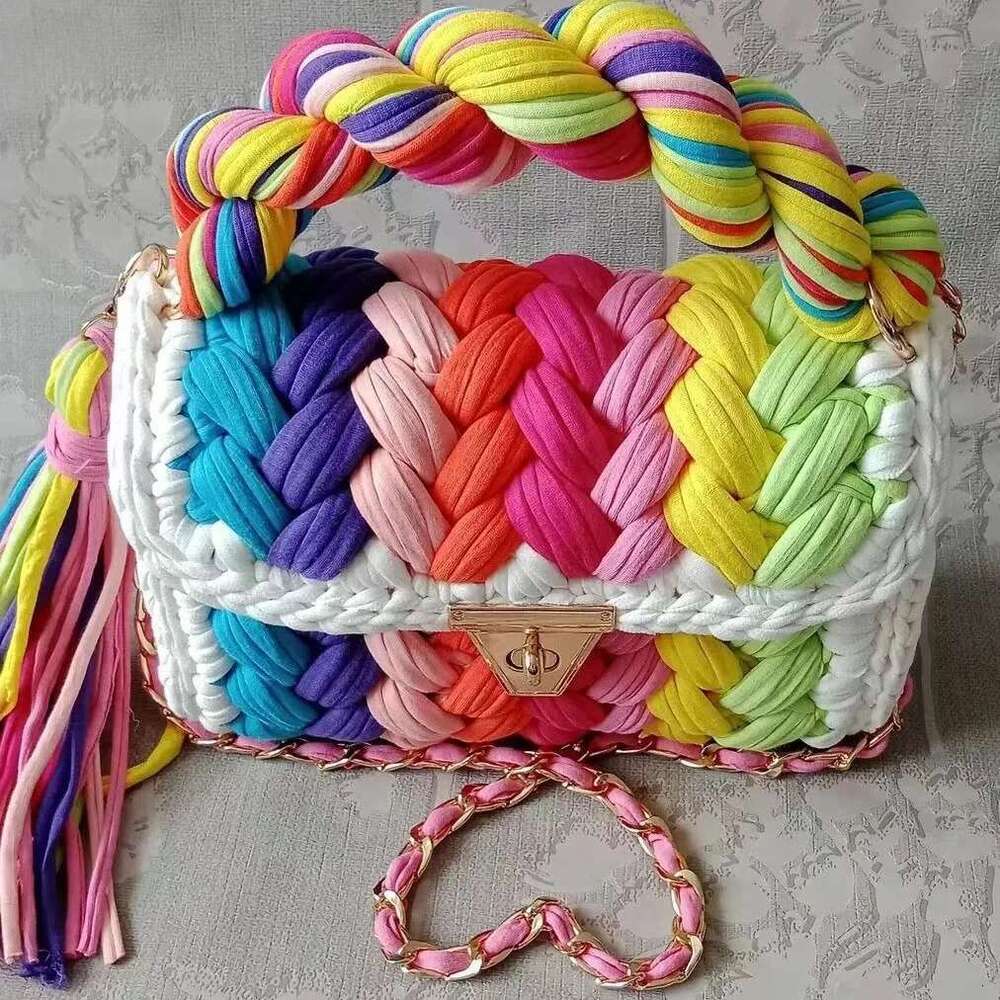 Lady Shoulder Handmade Crochet Woven Bag Fabric Strip Designer Handbag Purses For Women Tote Bags