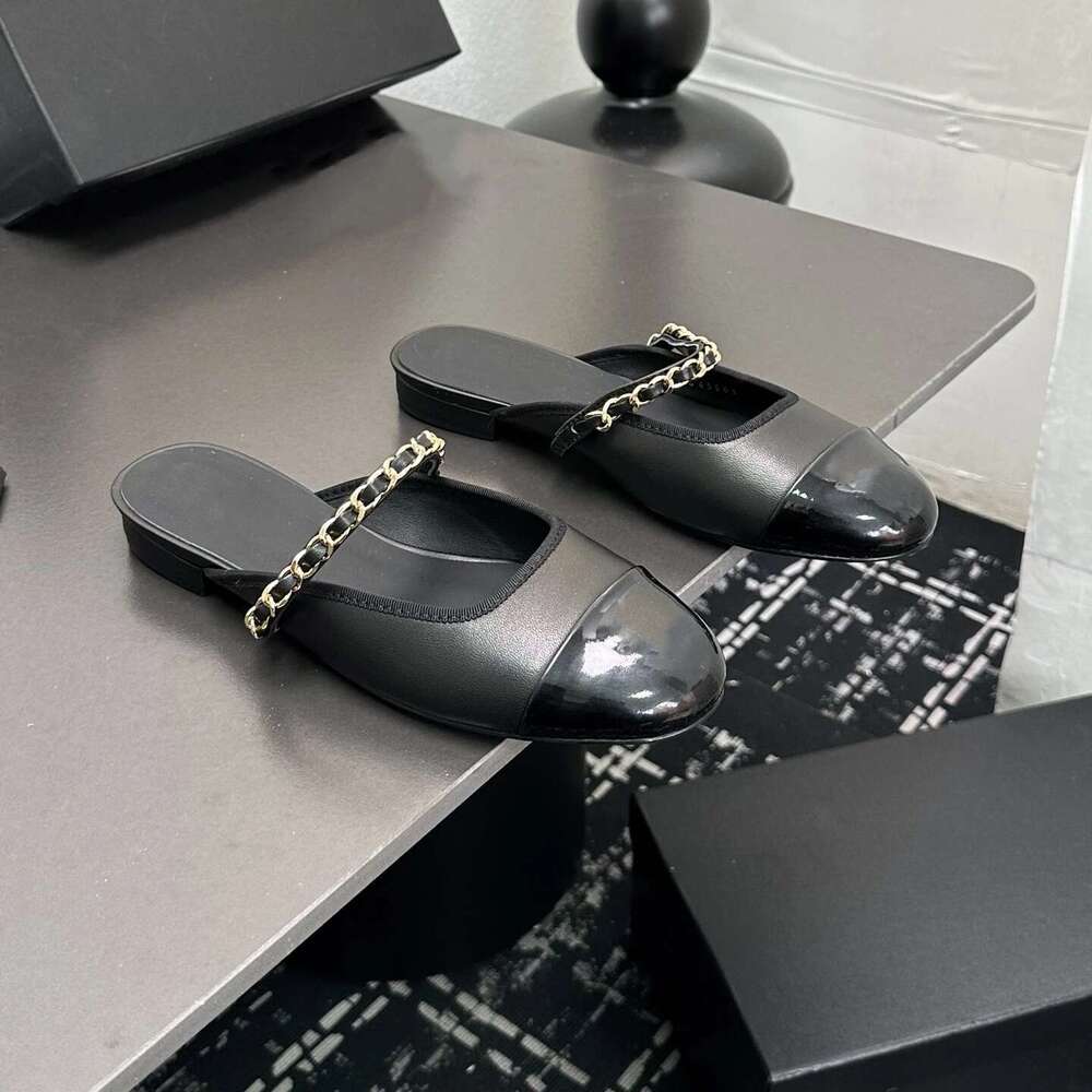 Women Size35-41 Genuine Leather Mules Low Heels Chain Slippers Round Toe Summer Slides Designer Shoes Zapatillas De Mujer