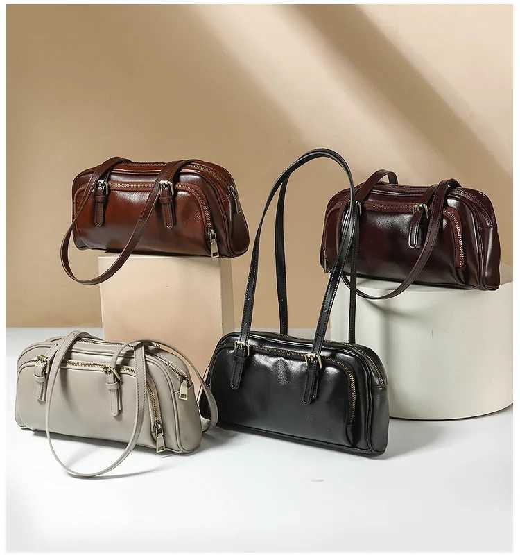 Retro Women Baguette Bags Genuine Leather Ladies Shoulder Bags Fashion Female Bowling BagsW250512