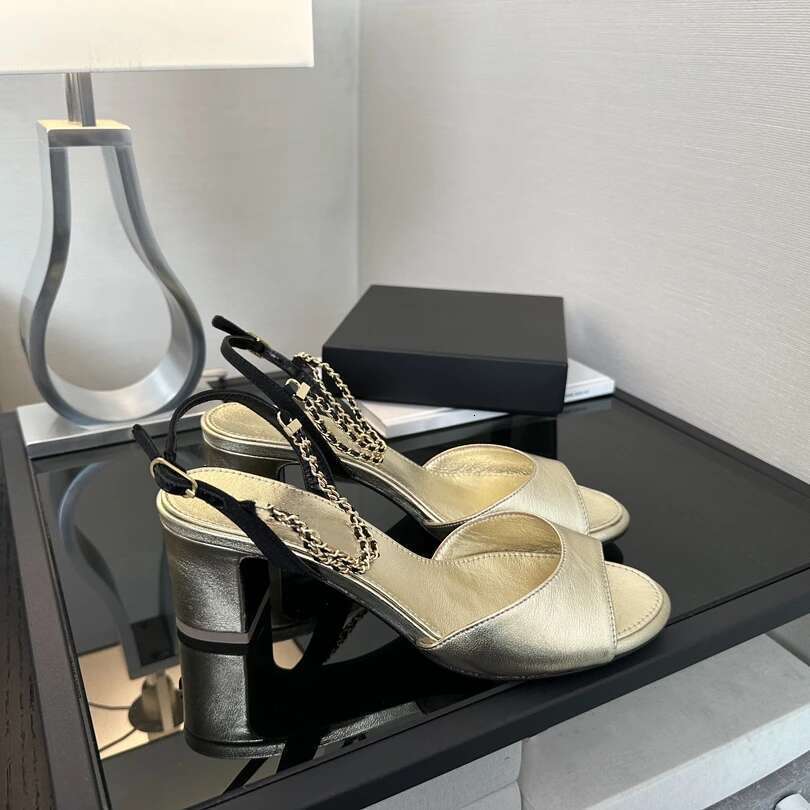 New Women Genuine Leather Sandals High Heels Chain Pumps Slingbacks Summer Buckle Strap Designer Shoes Zapatillas De Mujer