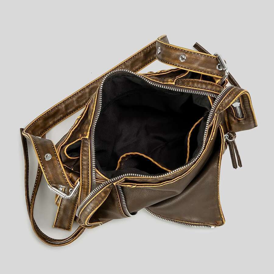 Fashion Lapel Collar Design Women Shoulder Vintage Washed Pu Leather Crossbody Bags Y2k Multi Zipper Small Tote Bag