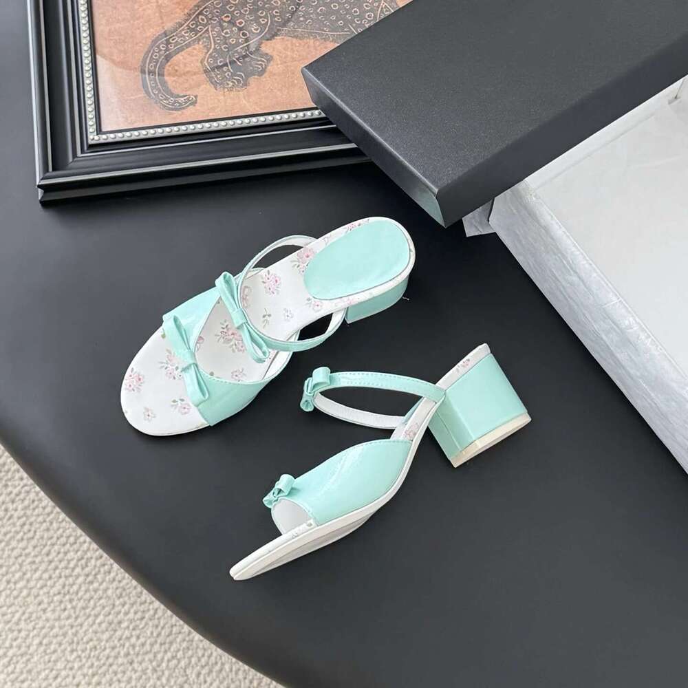 Women Size35-41 Genuine Leather Slippers Med Heels Butterfly Knot Summer Slides Prints Designer Shoes Zapatillas De Mujer