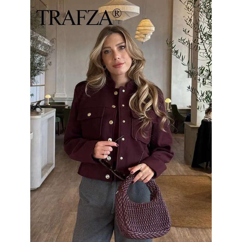 TRAFZA Women Vintage Wine Red Coat O Neck Long Sleeve Single Breasted Jacket With Pockets Autumn Casual Office Lady Outerwear