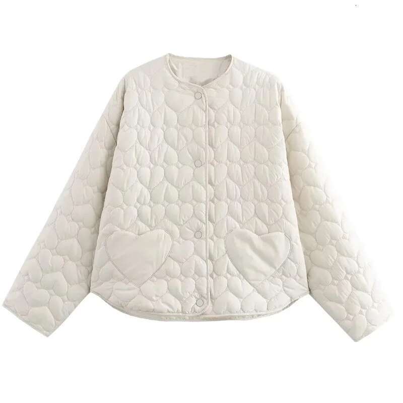 TRAF Parkas New In Coats Heart Quilted Woman Autumn Winter Black Short Padded Jacket Long Sleeve Off White Women's Coat