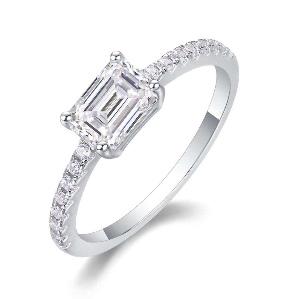 Unique spodumene emerald cut ring - pointed set of pure silver, double-layer design, size 5-9, USA