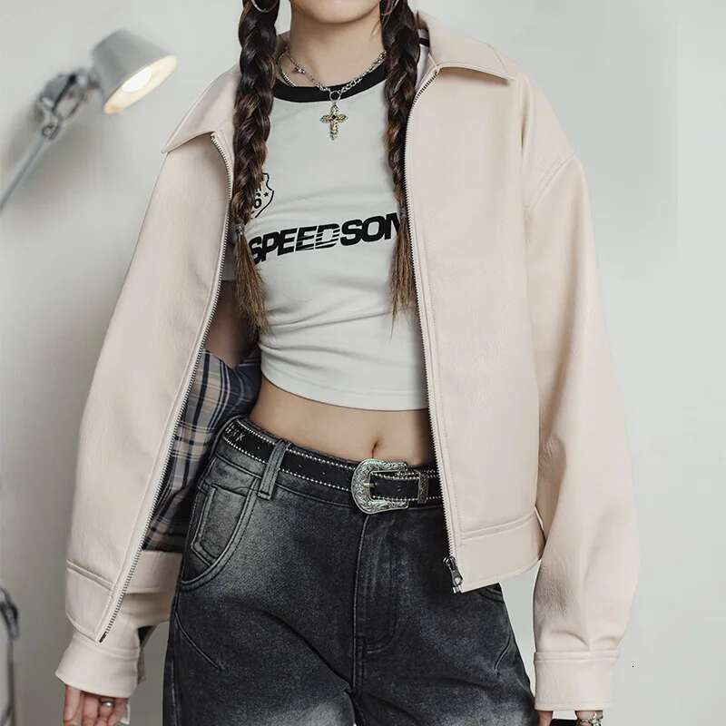 Maden Retro Beige Leather with Lapel Collar Loose Fit Motorcycle Style Short Jacket Versatile Outerwear Tops for Women