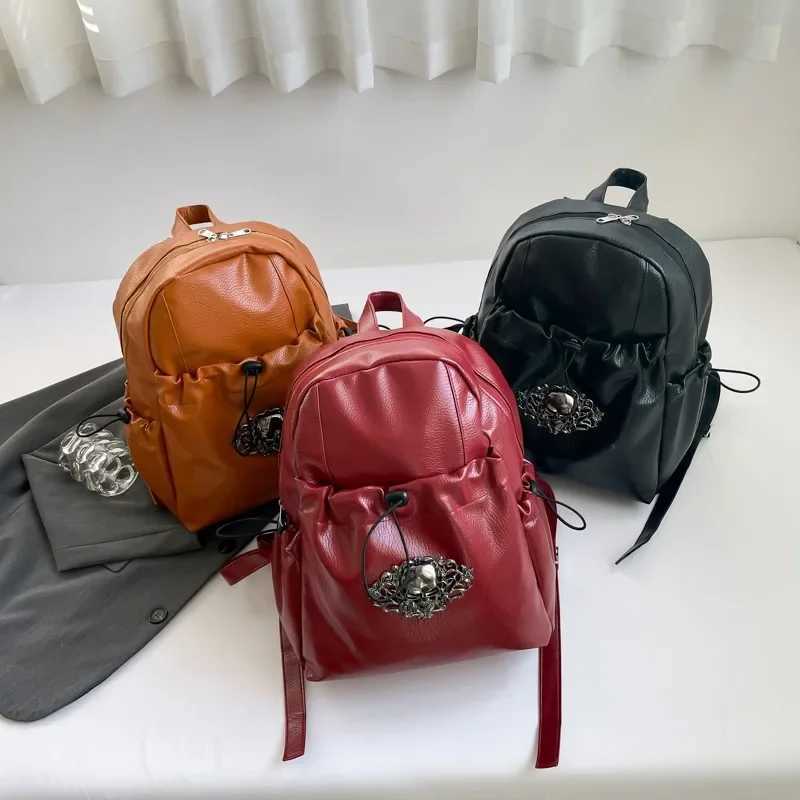 Womens Trendy Personality Punk Style Soft PU Leather Backpack with Metal Skull Decoration Daily Use Small Backpacks for Women Z250512