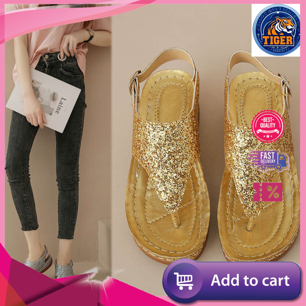 Ddmytiger Size For Large Women S Fashion Sequin Clip Toe Buckle With Herringbone Flat Sole Sandals Outdoor Shoes