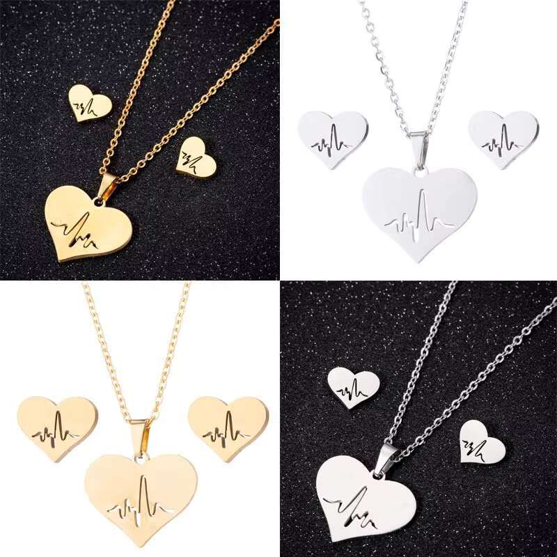 Stainless Steel Ecg Heart Pendant Necklaces and Earrings Jewelry Set for Girls