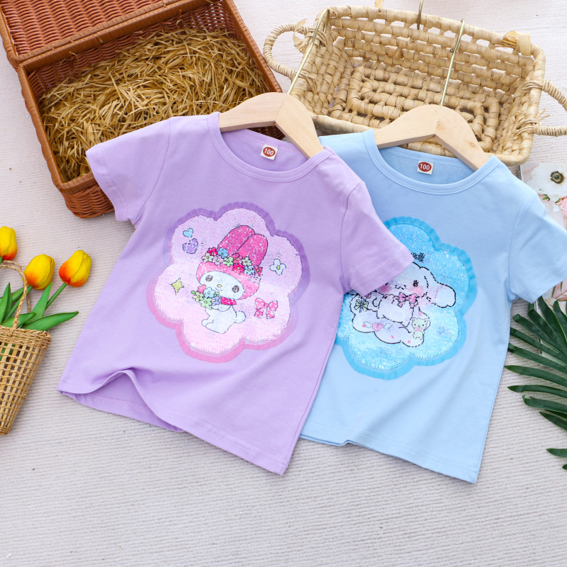 DISNEY Frozen Princess Elsa baby designer clothes Children summer clothes cartoon color-changing sequin cotton T-shirt top for girls.