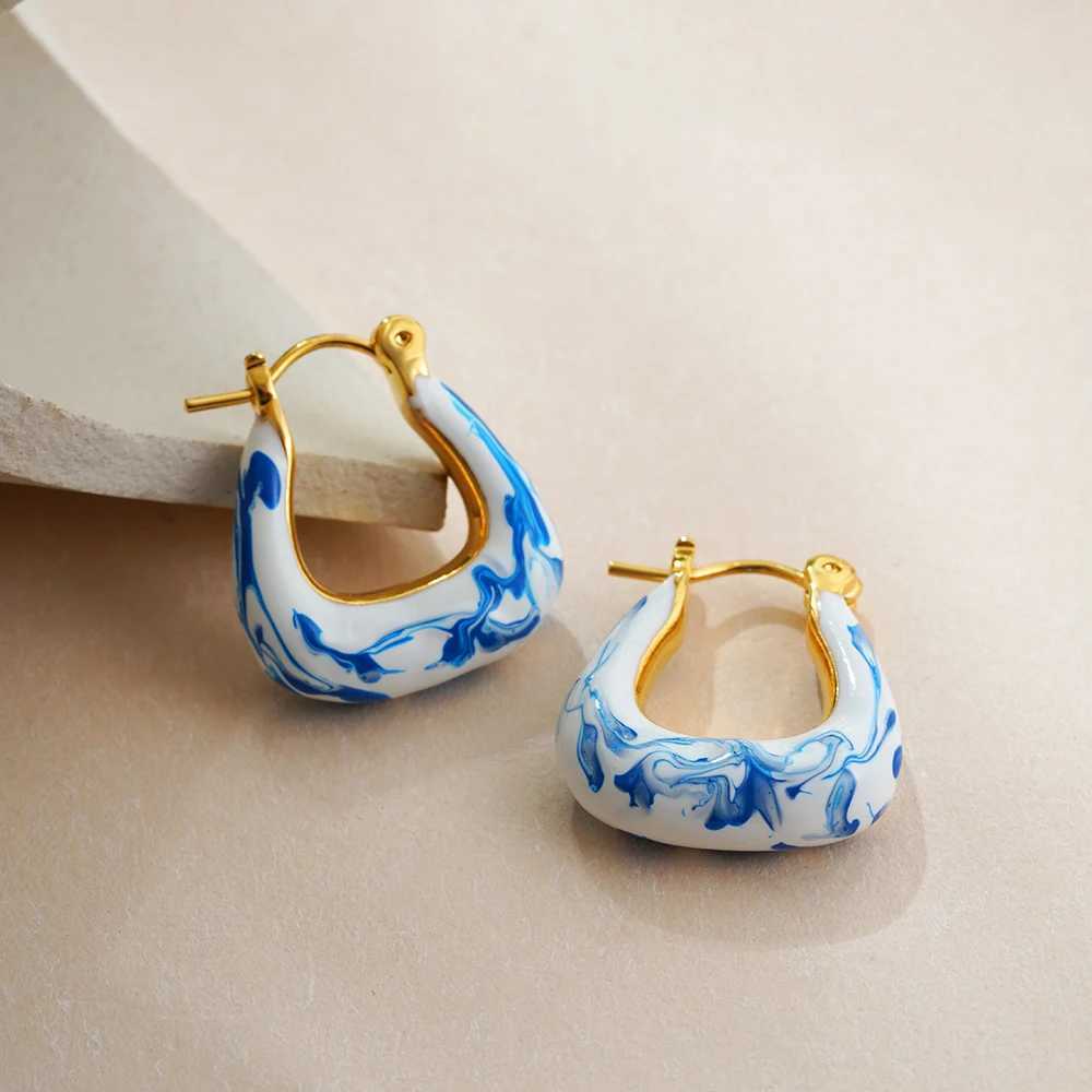 Vintage White Blue Flower Enamel Beads Hoop Earrings for Women Gold Plated Stainless Steel Huggies Earring Creative Jewelry Gift Y250510
