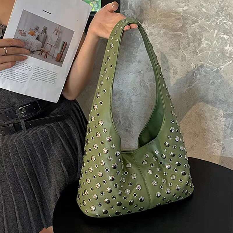 Fashion Punk Metal Rivet Bucket High Quality Underarm Shoulder Tote European And American New Trendy Motorcycle Bag