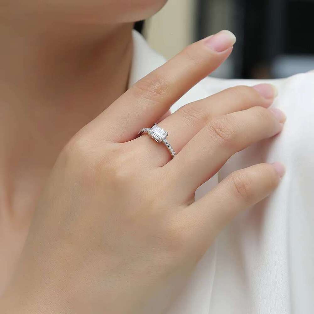 Unique spodumene emerald cut ring - pointed set of pure silver, double-layer design, size 5-9, USA
