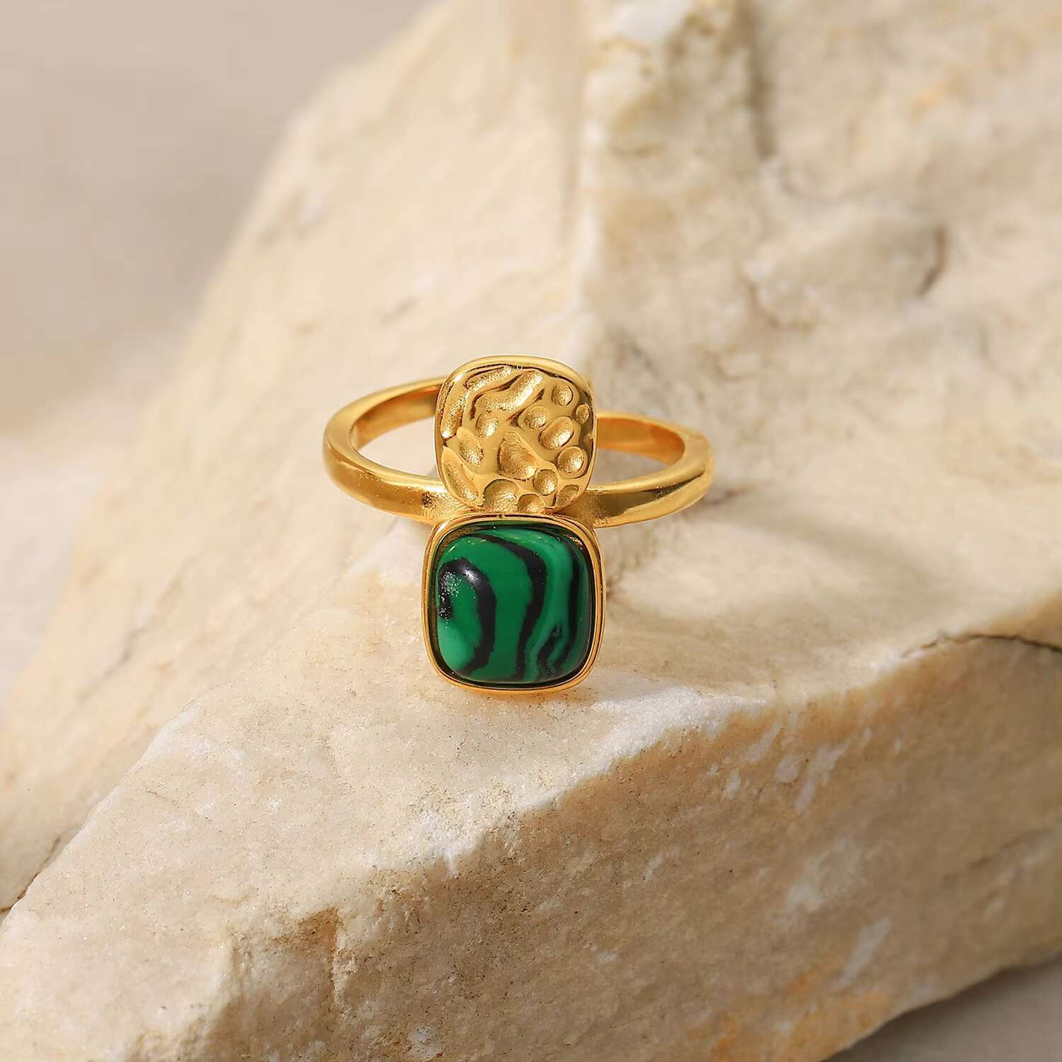 Stainless Steel Stackable Open Ring Wedding Green Gemstone Emerald Natural Stone Ring for Women