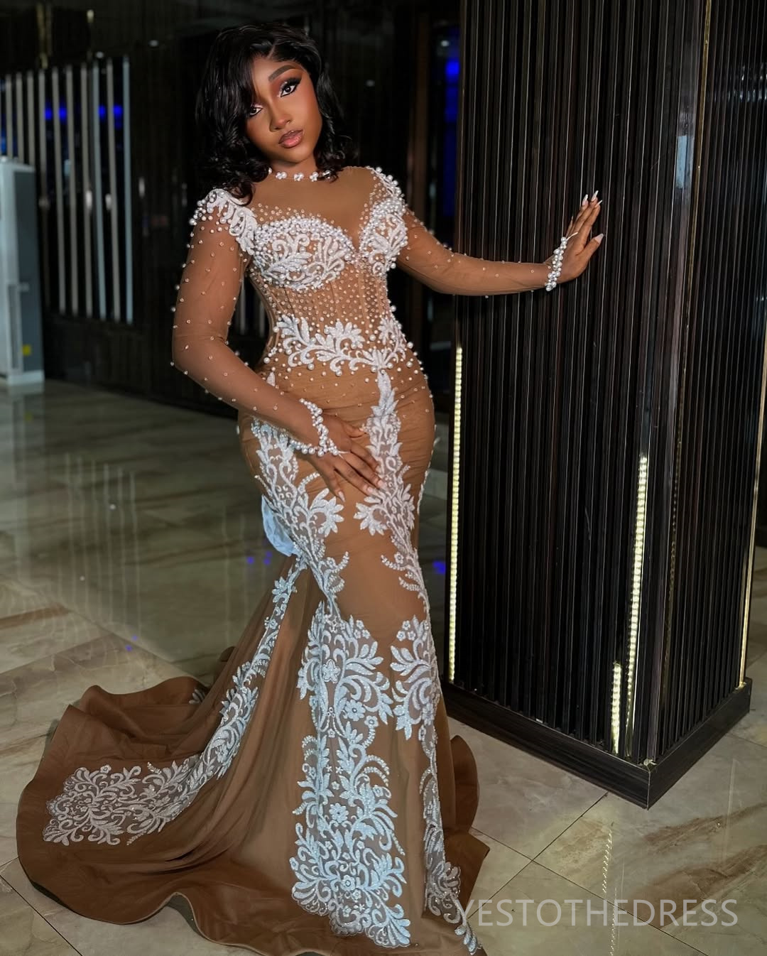 2025 Plus Size Brown Aso Ebi Prom Dress Mermaid Prom Dresses Evening Formal Gowns Sheer Neck Long Sleeves Pearls Lace Birthday Dress Second Reception 