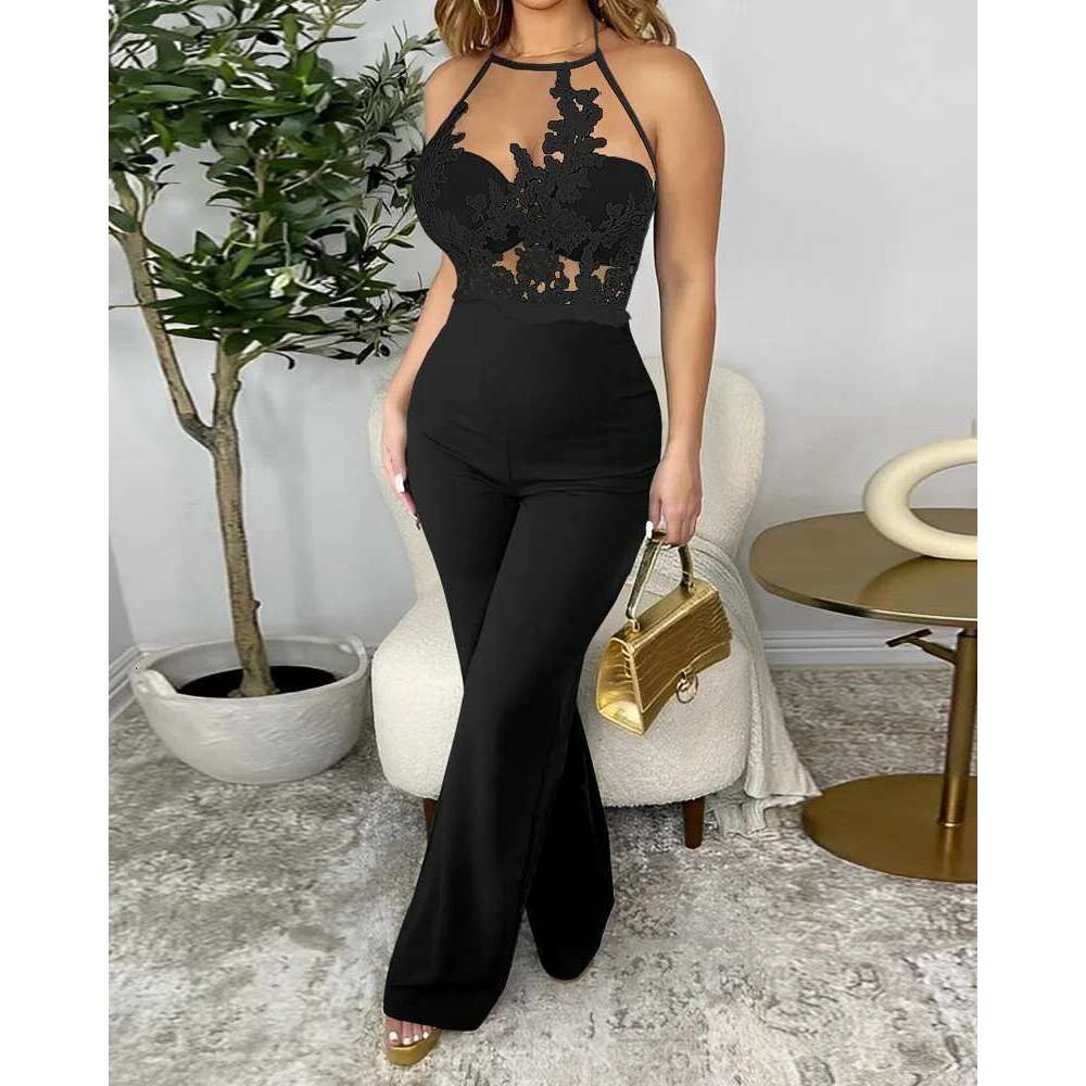 Summer Sexy Lace Spaghetti Strap Sheer Mesh Jumpsuit Women