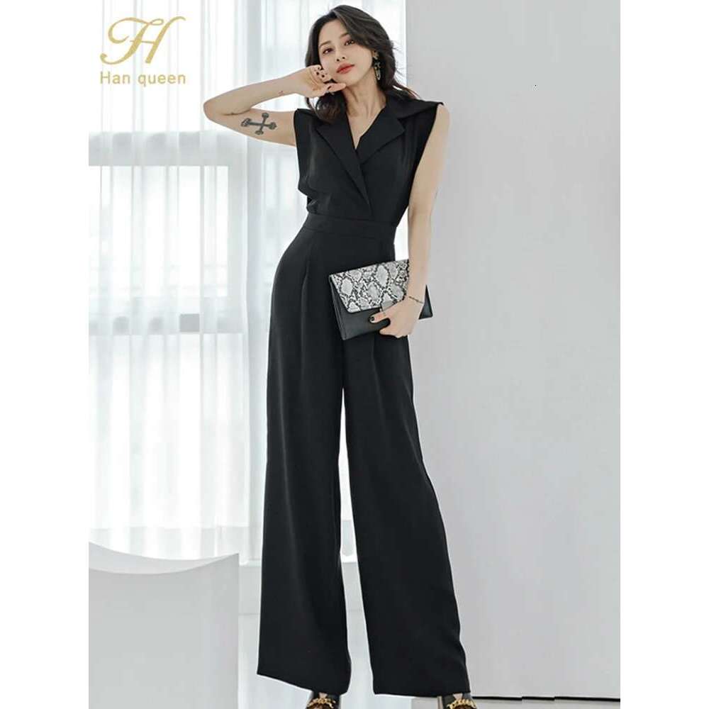 H Han Queen New Korean Sleeveless Elegant Summerr Business Jumpsuits Women Wide Leg Long Playsuits Casual Office Rompers