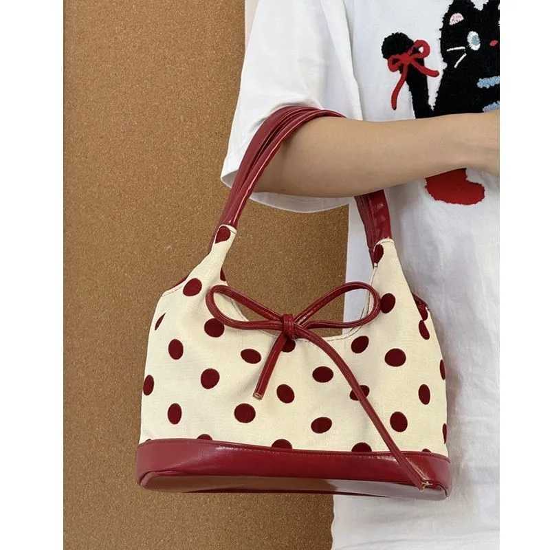 JIAERDI Retro Dot Red Handbag Women Versatile Bow Large Capacity Casual Shoulder Bags Ladies Sweet Cute Underarm Bag AestheticXJ250512