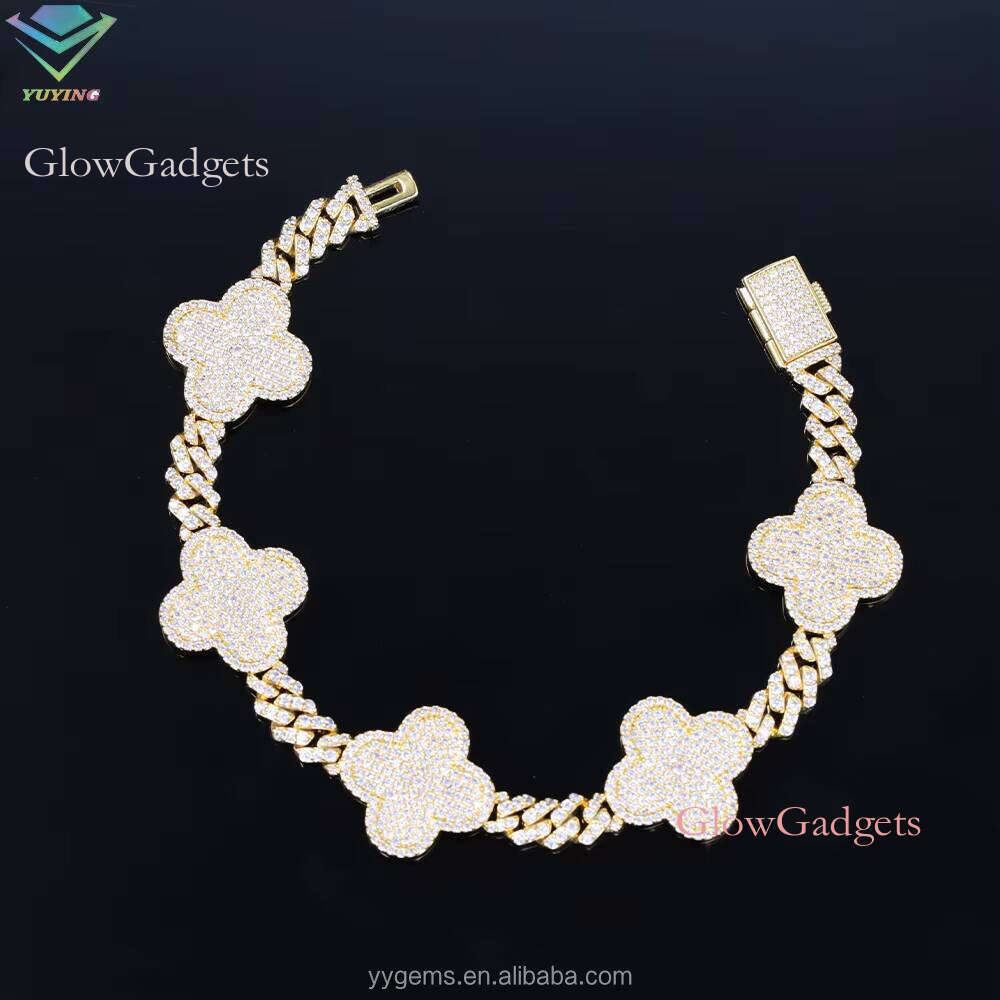 Lucky Four Leaf Clover Jewelry 6mm Wide Gold Plated VVS Moissanite For Men Sier Cuban Link Bracelet