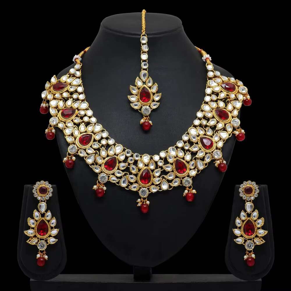 Traditional Kundan earrings necklace&Maang Tikka white imitation pearl women's alloy jewelry set wedding party gift