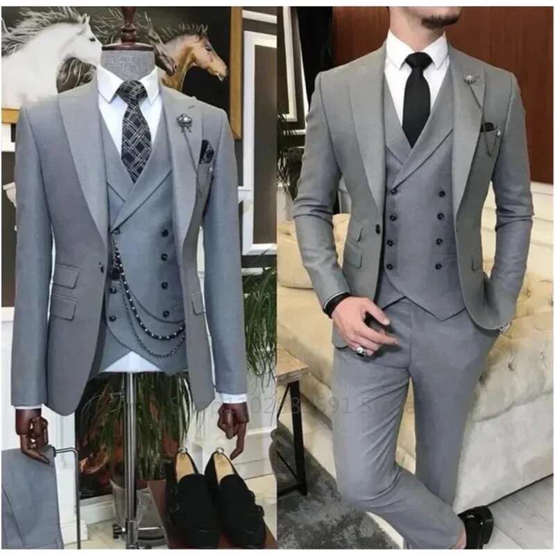 3 Pieces New Business Khaki Formal Men's Slim Fit Suits Wedding Groom Prom Terno Masculino Custom Blazer Jacket Vest Pant Sets