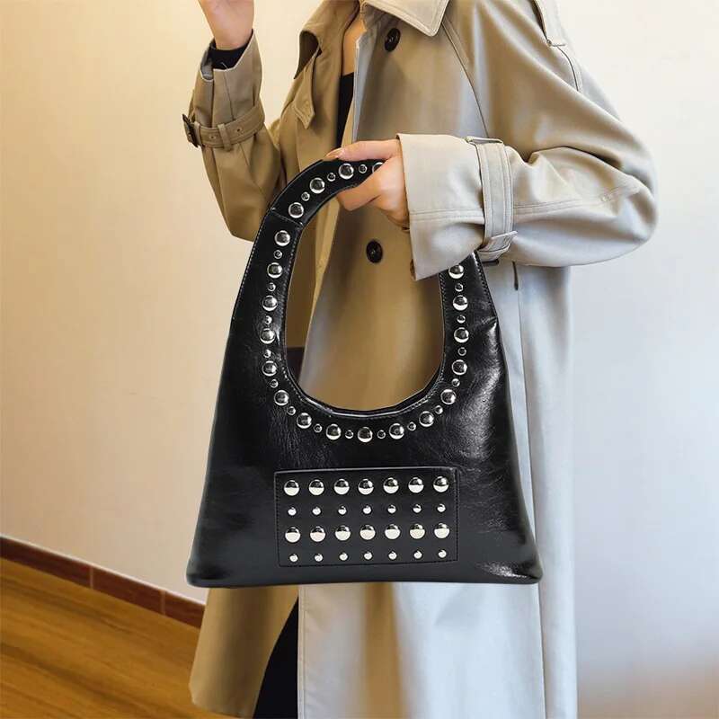 Cool Sier Rivet Underarm 2025 New Brand U-Shaped Tote Red Lady High-End Shoulder Bag European Punk Handbag