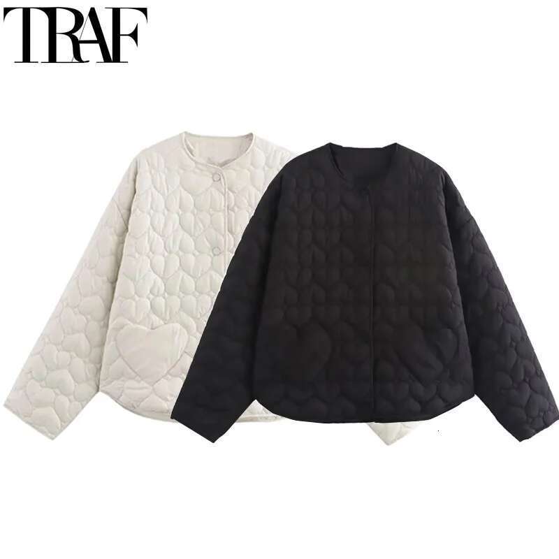 TRAF Parkas New In Coats Heart Quilted Woman Autumn Winter Black Short Padded Jacket Long Sleeve Off White Women's Coat
