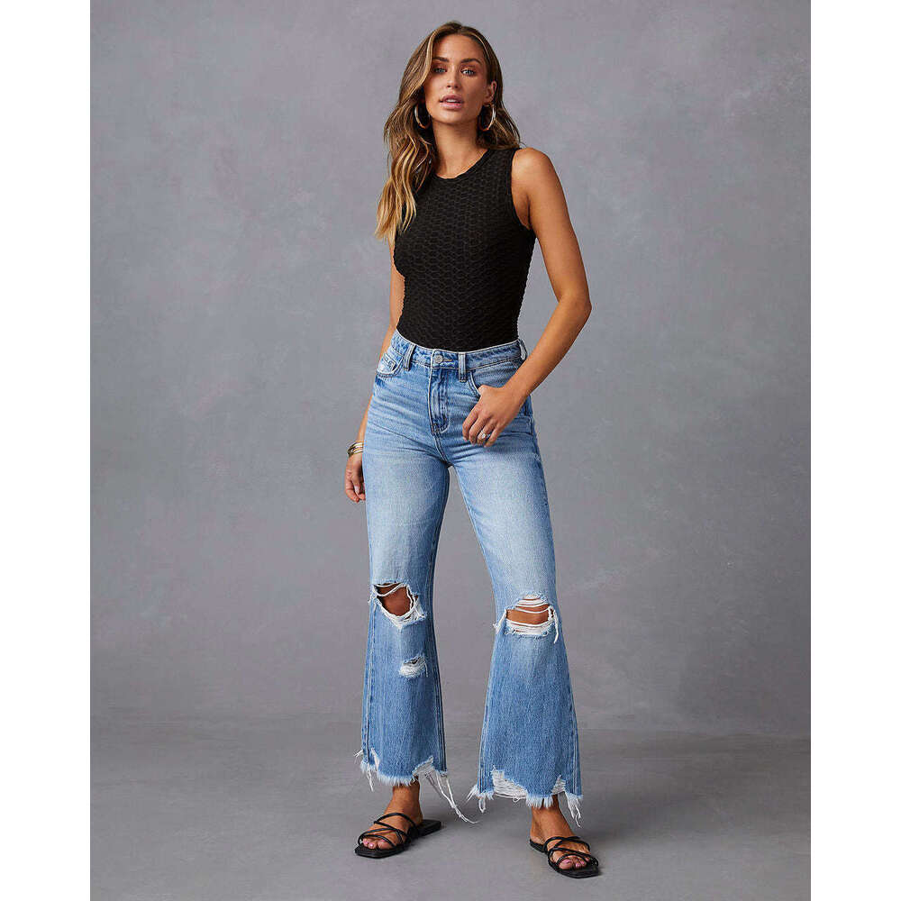 2025 New Wide with Tassel Washed Tie Dyed Ripped Hole High Waisted Jeans Straight Leg Casual Pants for Women New Arrival Fashionable Printing